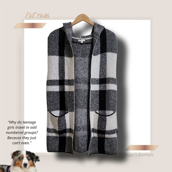 🌿Est 1946 Women's Medium Black White Buffalo Plaid Sleeveless Hooded Cardigan - Picture 12 of 13